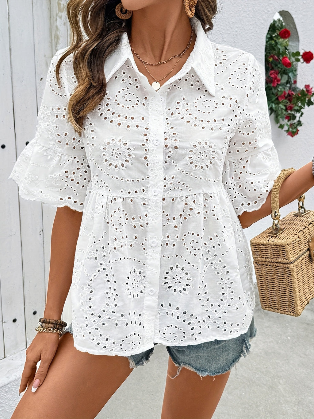Women's Summer Lapel Hollow Embroidery Short-sleeved Shirt French Casual Blouse