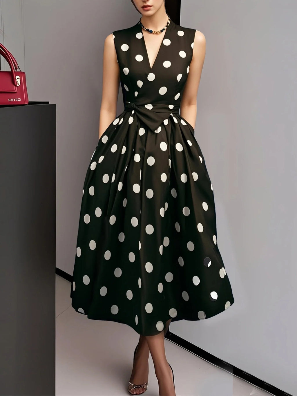 Women's Spring French Sleeveless Black White Polka Dress
