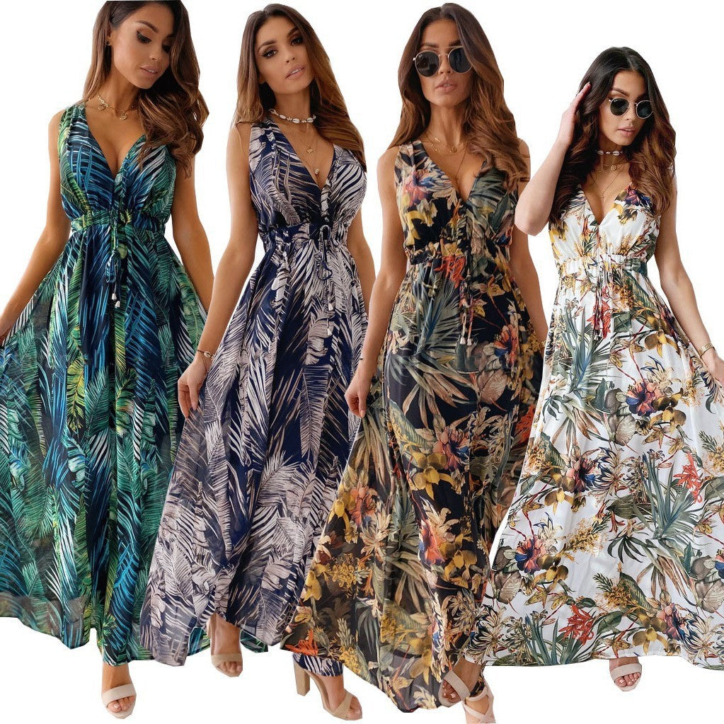 Trendy Summer Print Backless Lace Up Dress