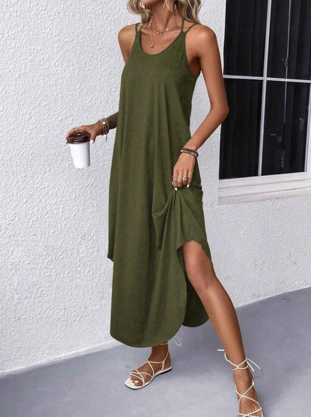 Summer Solid Color High Sense Round Neck Camisole Dress