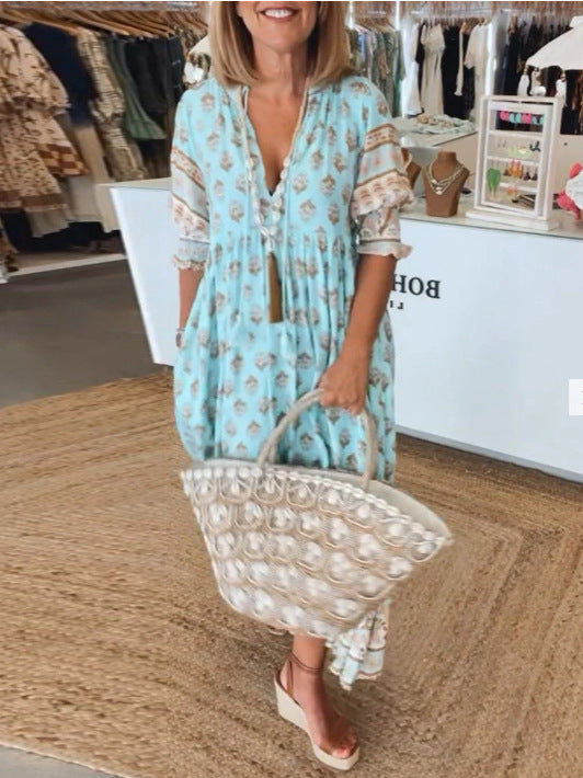 Women's Summer Bohemian Fashion Printed Lantern Sleeve High Waist Big Dress