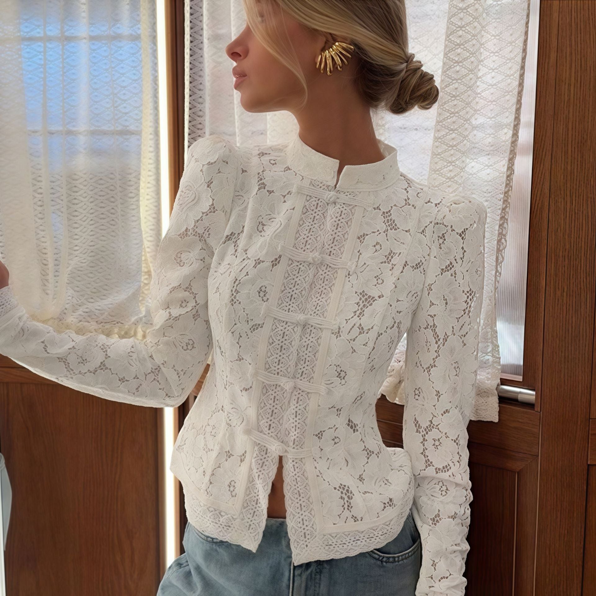 Stand Collar Buckle Waist Lace Shirt Versatile Tops