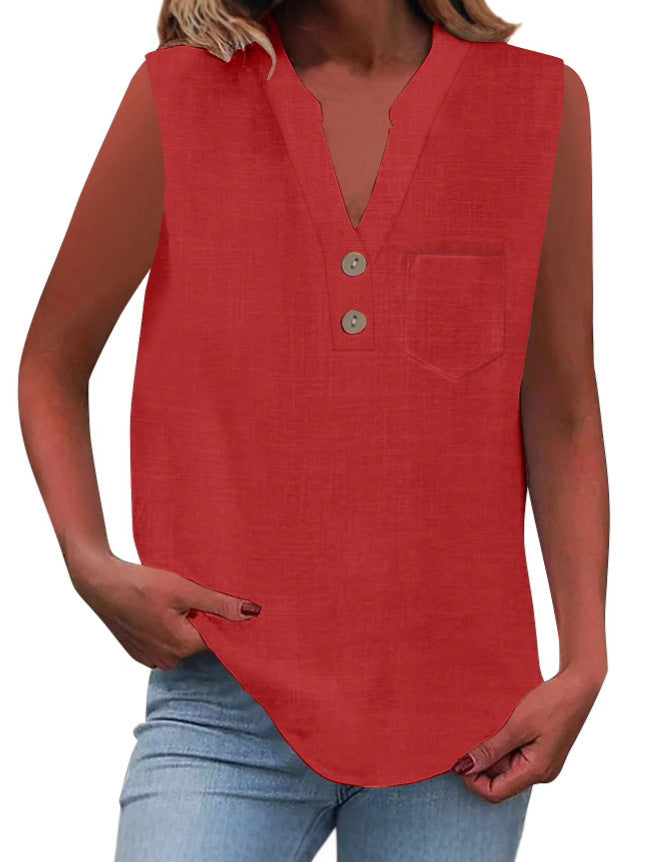 Women's Large Loose Slub Cotton Pocket Idle Tops