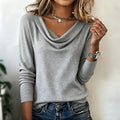 Long Sleeve Solid Color Swing Collar Women's T-shirt