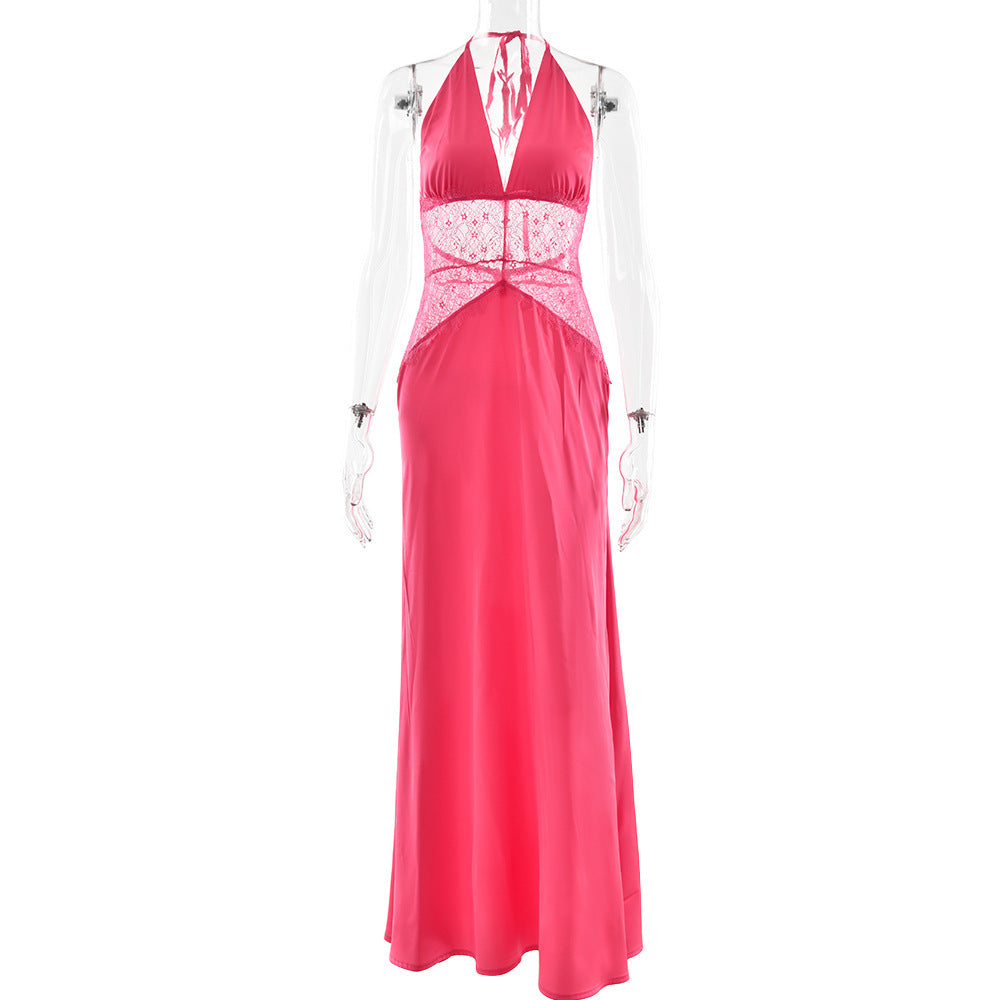 Summer Elegant Deep V Silky Satin Stitching Halter Dress