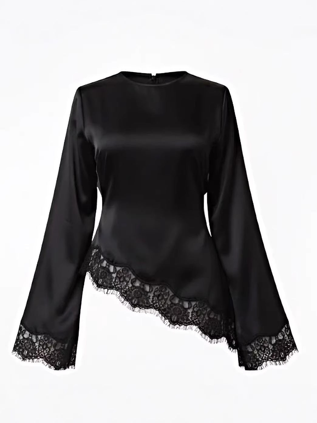 Women's Neck Solid Color Long Sleeve Irregular Hem Lace Bottoming Blouse