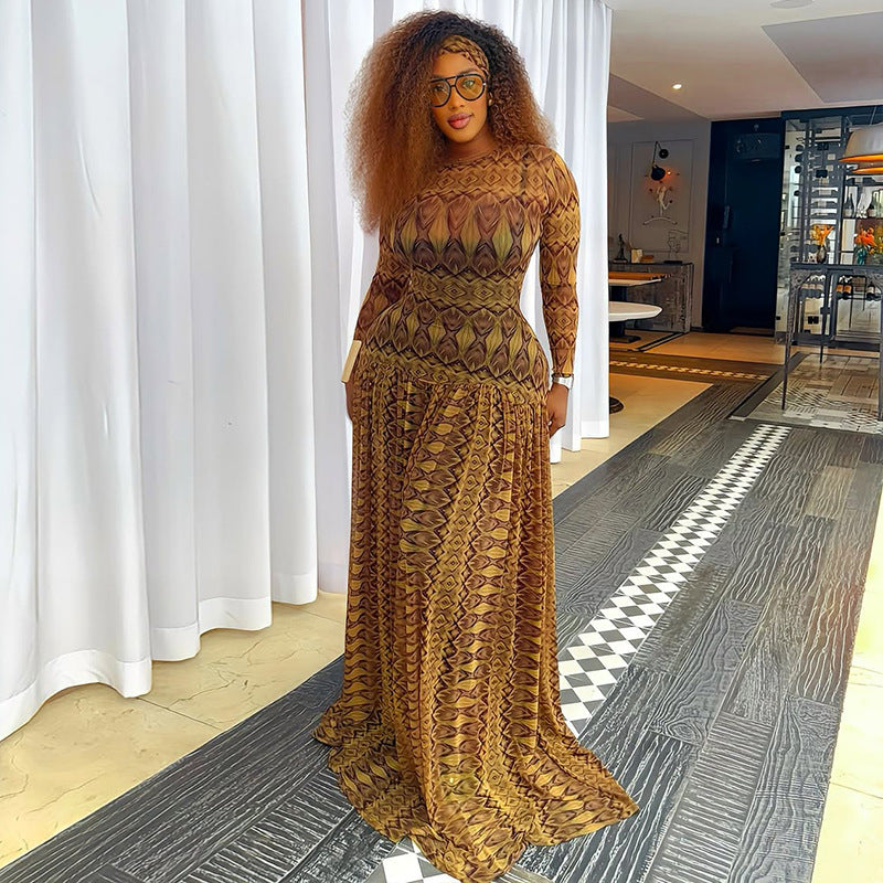 Women's Elegant Retro Waist Slimming A- Line Printed Dress