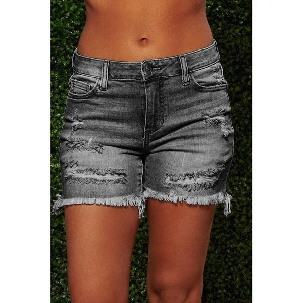 Women's Ripped Tassel High Elastic Denim Super Shorts
