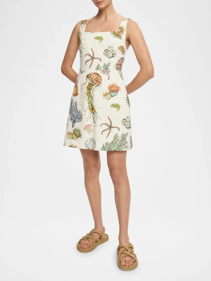Cotton Linen Printed Casual Strap Mini Dress