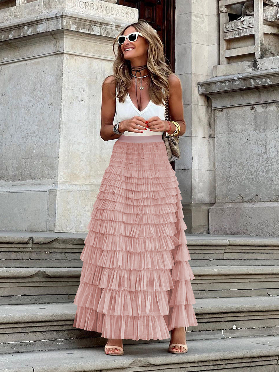 Women's French Style Long Autumn Elegant Solid Color High Waist Net Skirts