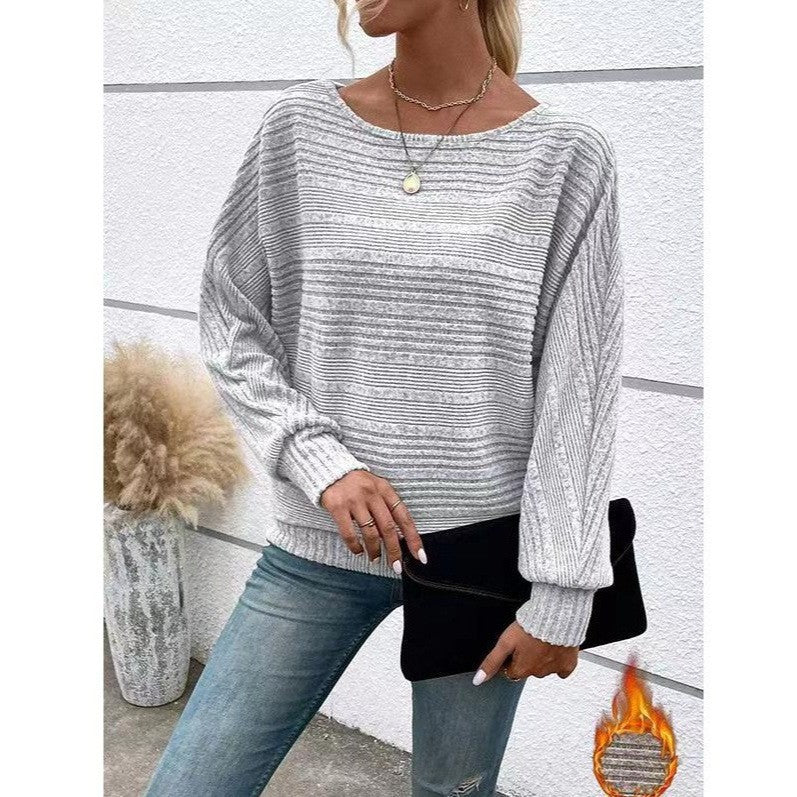 Women's Solid Color Striped Round Neck Splicing Pullover Women's Sweater