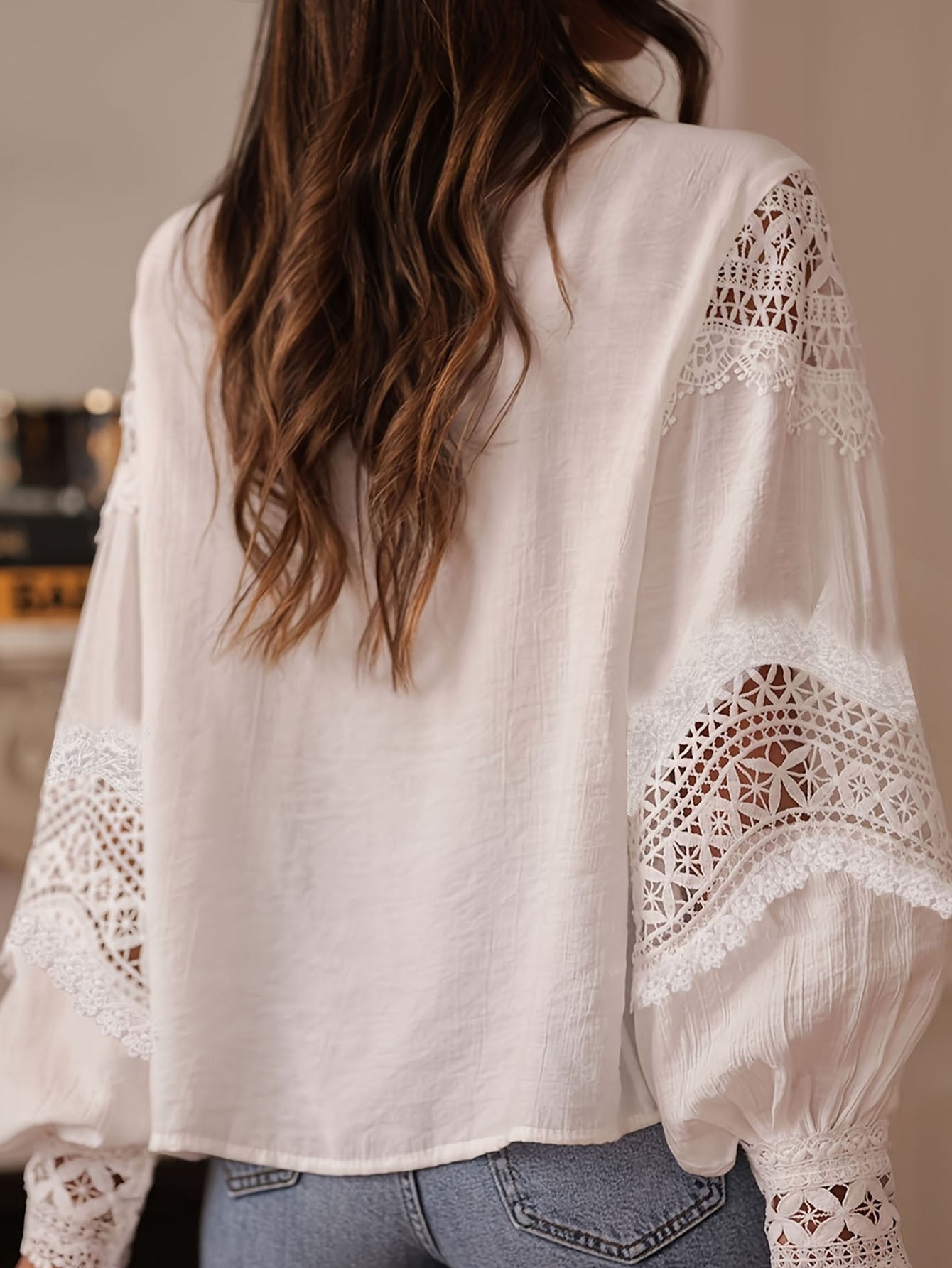 Women's Holiday Crocheted Sexy Cutout Bell Sleeve Lace Blouse