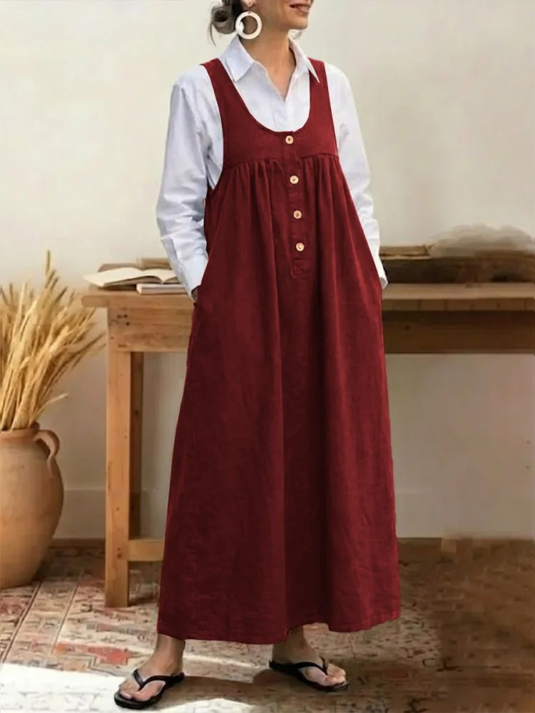 Solid Color Buttons Suspender Sleeveless Loose Dress
