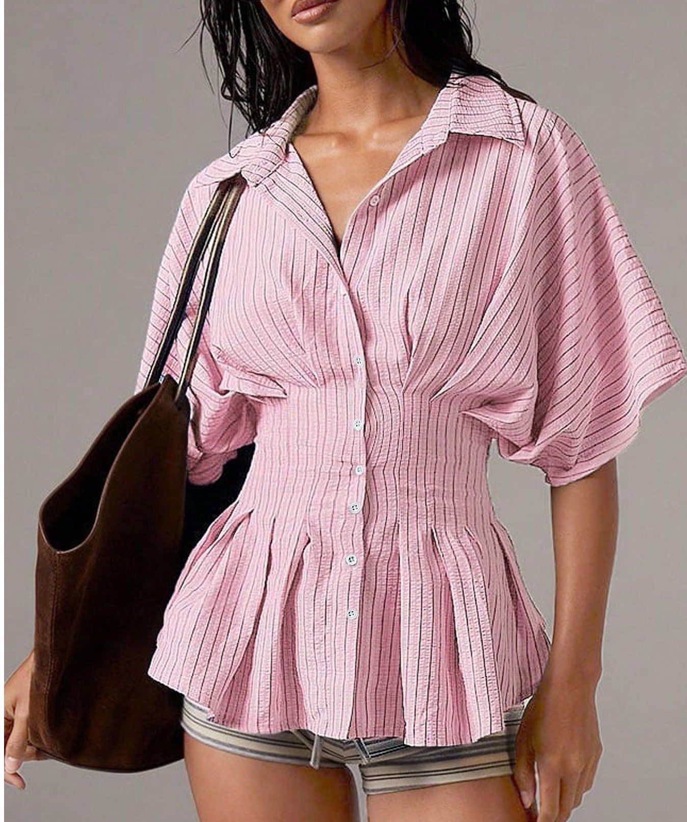 Trimming Shirt Leisure Striped Pleat Waisted Slim Fit Blouse