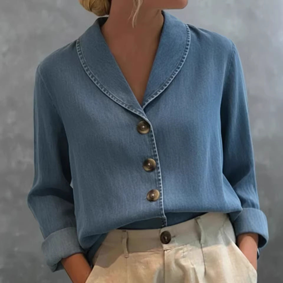 Women's Vintage Shawl Collar Button Denim Cotton Blouse