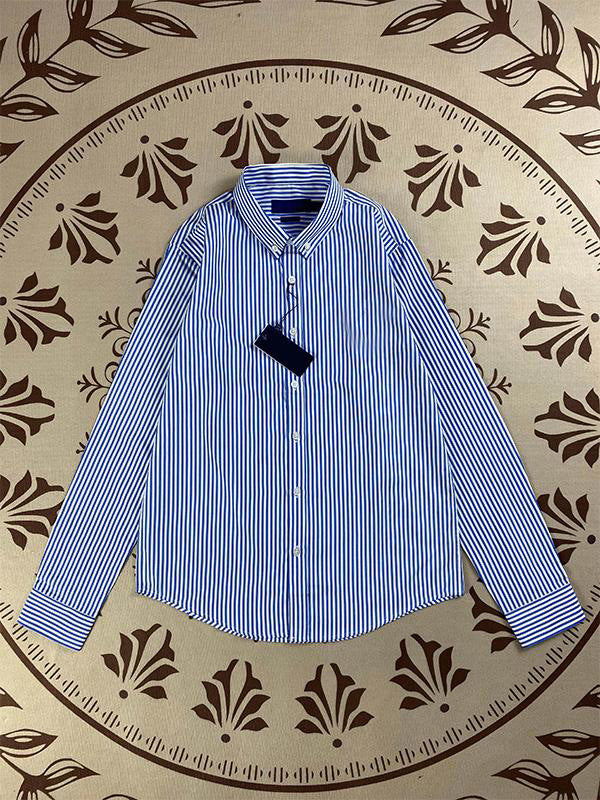Men's Ralph Horse Logo Striped Long-sleeved Shirt Embroidered Lapel Blouse