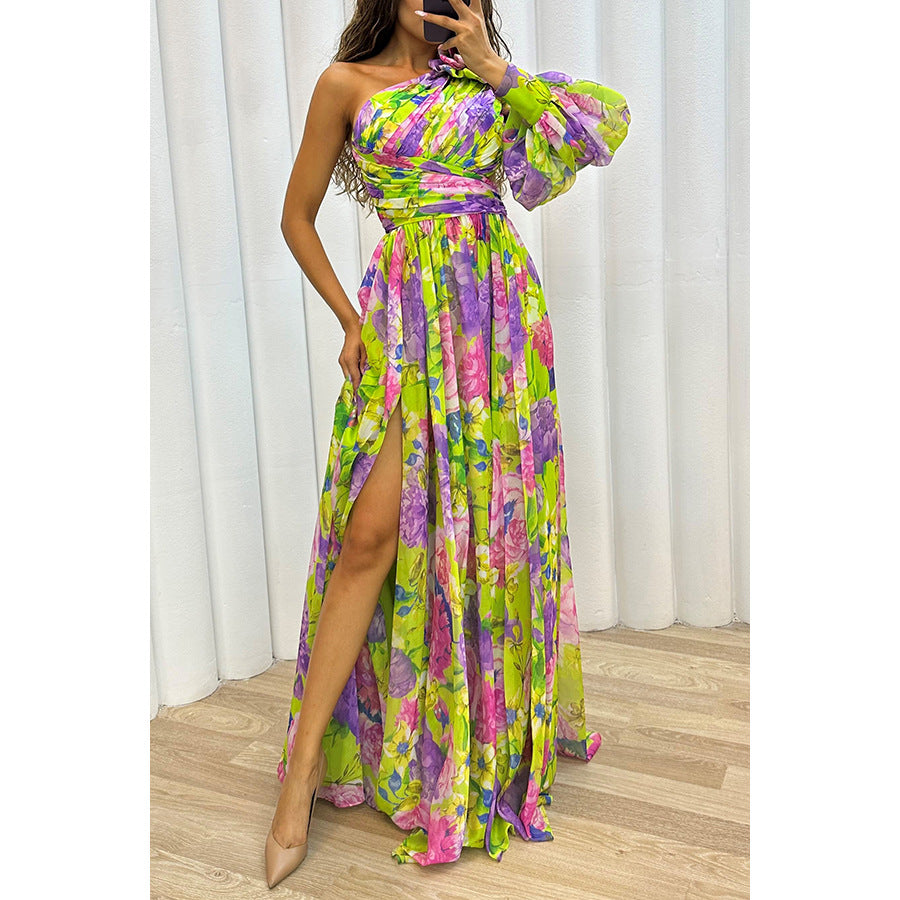Party Casual Slit Loose Multicolor Sloping Dress