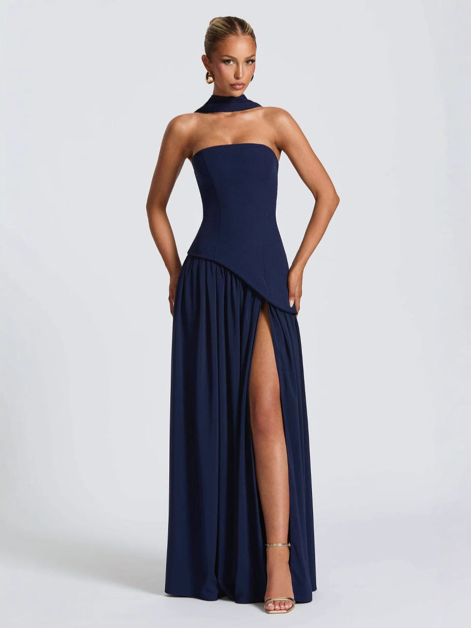 Women's Tube Pure Color Tied Fashion Sexy Backless High Slit Dress