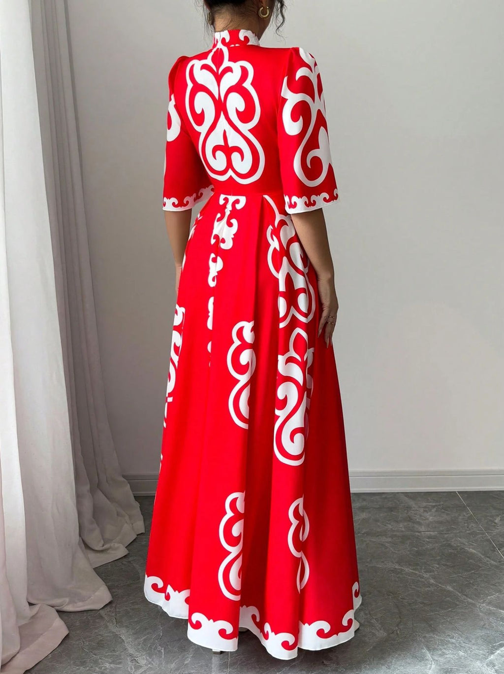 Red Mandarin Collar Loose Big Hem Dress
