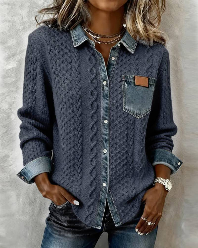 Women's Knitted Patchwork Denim Shirt Fashionable Long Jackets