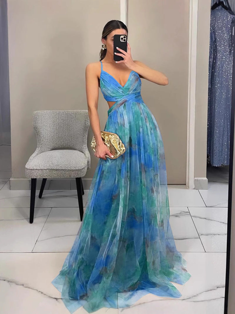 Mesh Printing Slip Vacation Leisure Party Dress