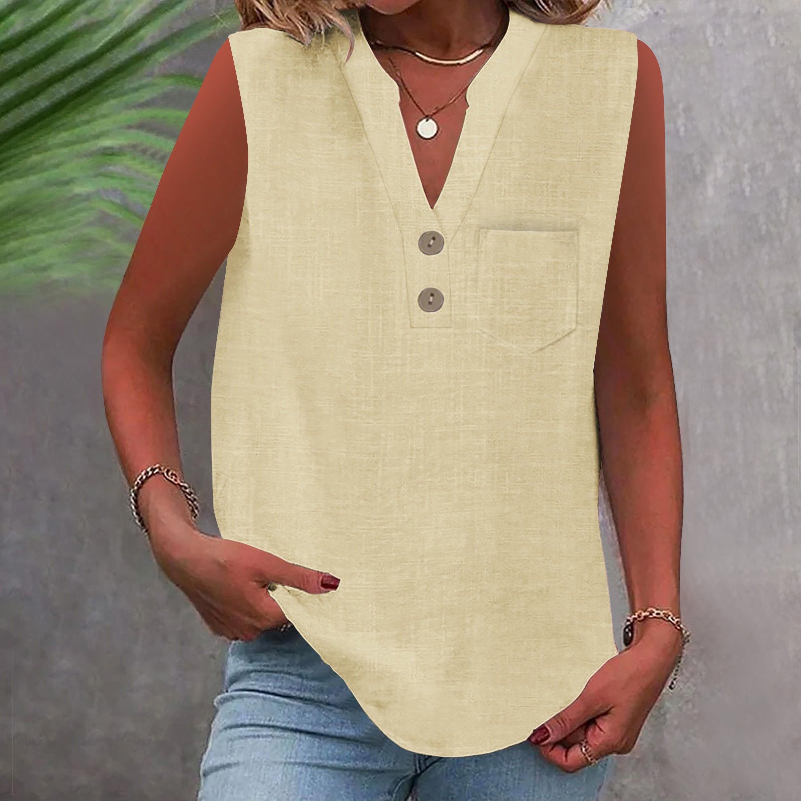 Women's Large Loose Slub Cotton Pocket Idle Tops