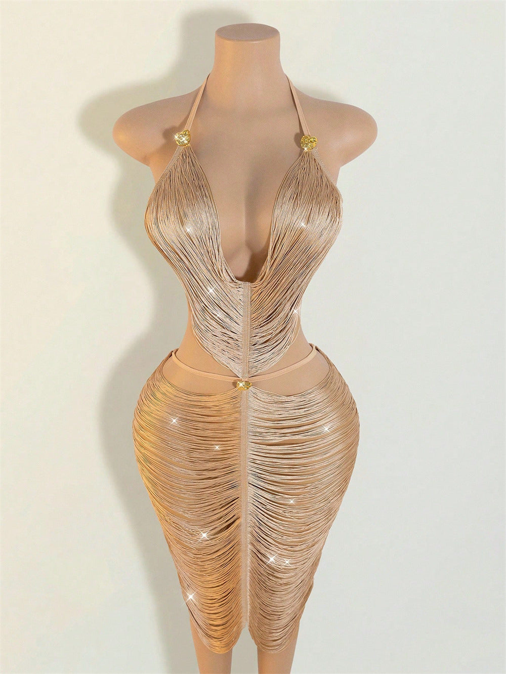Party Pendant Tassel Suspender Halter Deep V Dress