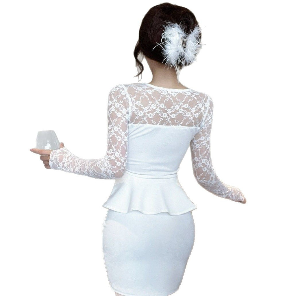 Fashionable Elegant Ruffled Lace Stitching Medium Dress