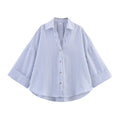Women's Fashion Casual Lapel Striped Wide Sleeve Shirt Cotton Blouse
