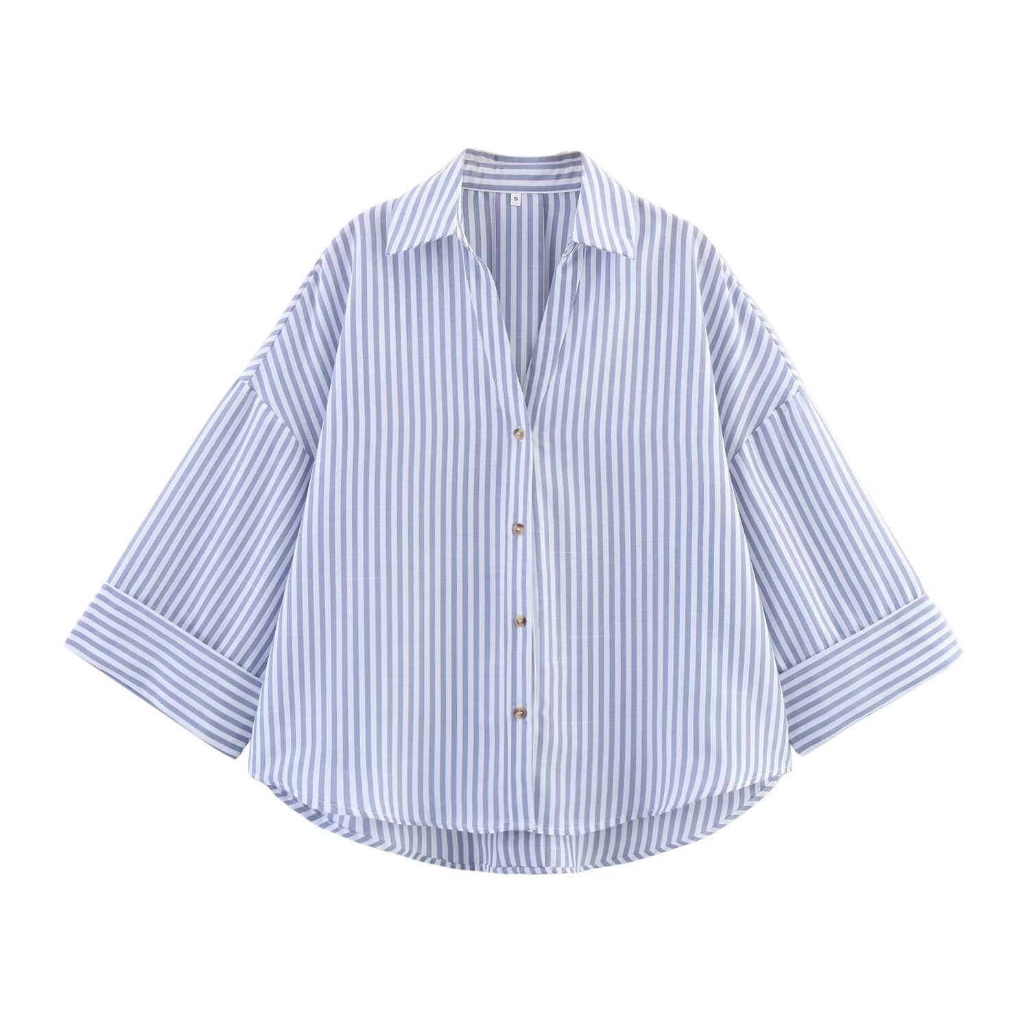 Women's Fashion Casual Lapel Striped Wide Sleeve Shirt Cotton Blouse
