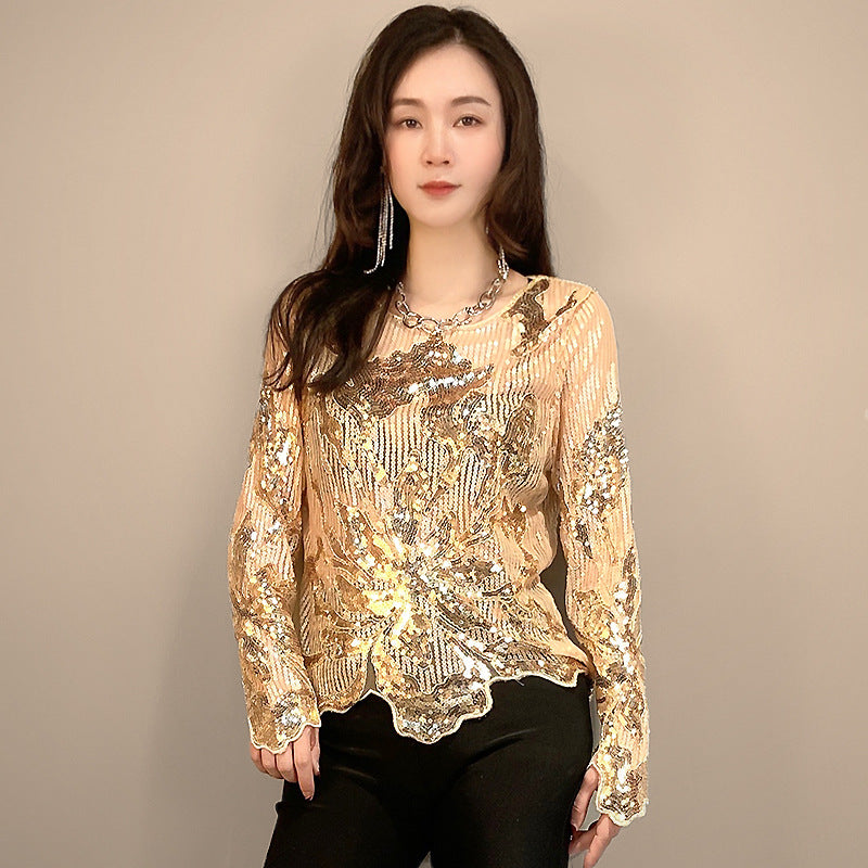 Women's Vintage Mesh Round Neck Pullover Beaded Sequins Temperament Commute Tops