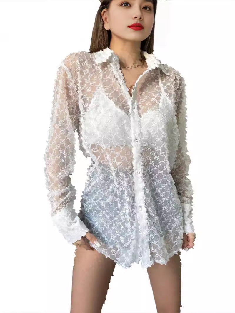 Women's Casual Fashionable Outerwear Mesh Shirt Color Blouse