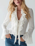 Spring French Elegant Ruffled Solid Color Puff Sleeve Blouse