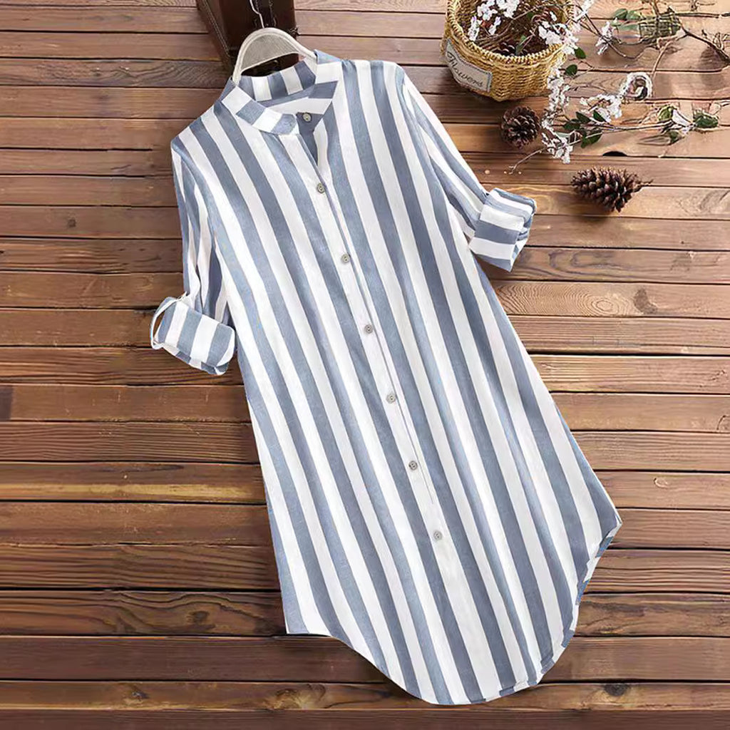 Women's Mid-length Casual Striped Shirt Long Sleeve Plus Size