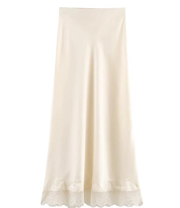 Women's Fashion Lace Silk Satin Texture Midi Skirt