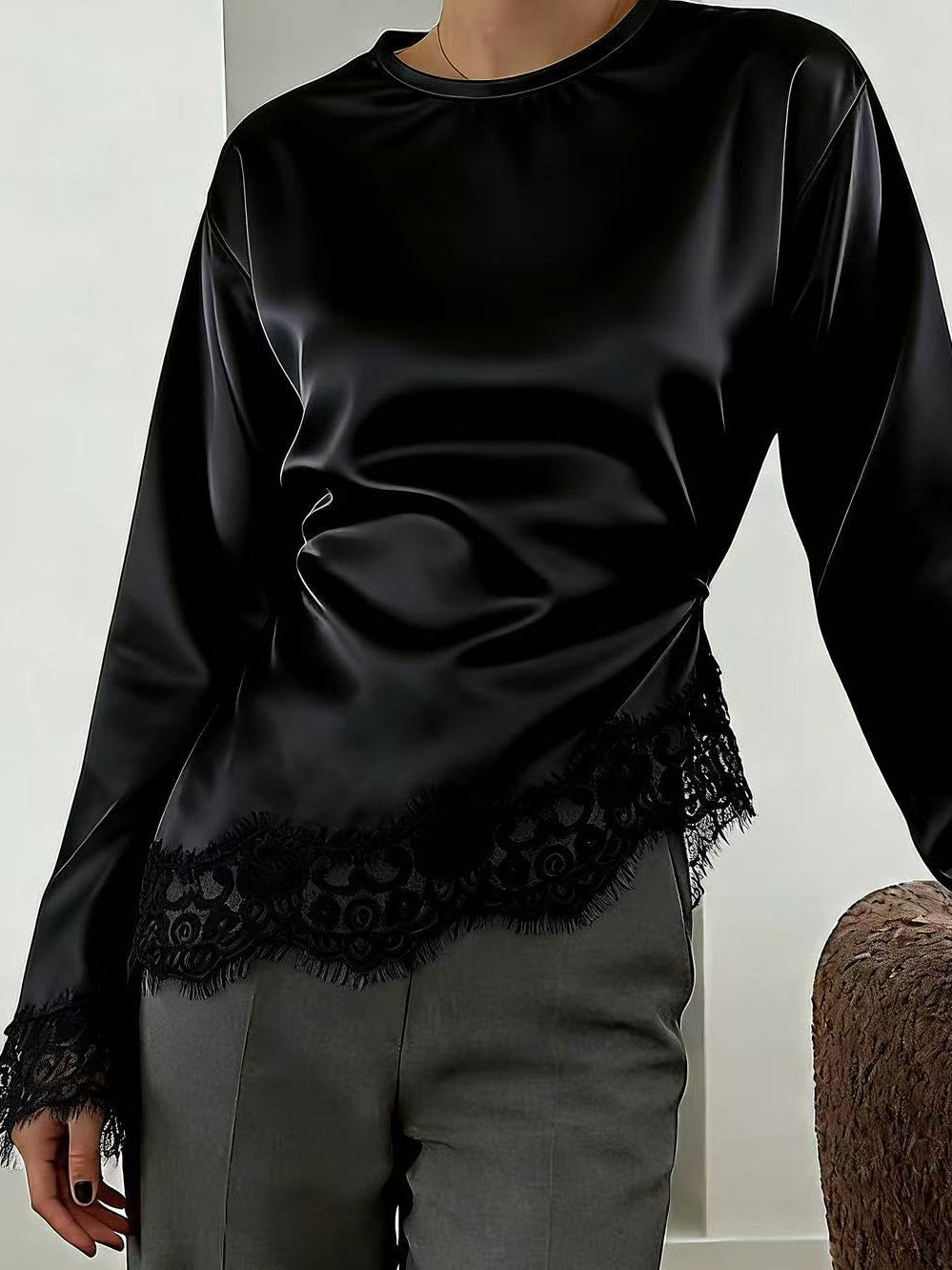 Women's Neck Solid Color Long Sleeve Irregular Hem Lace Bottoming Blouse