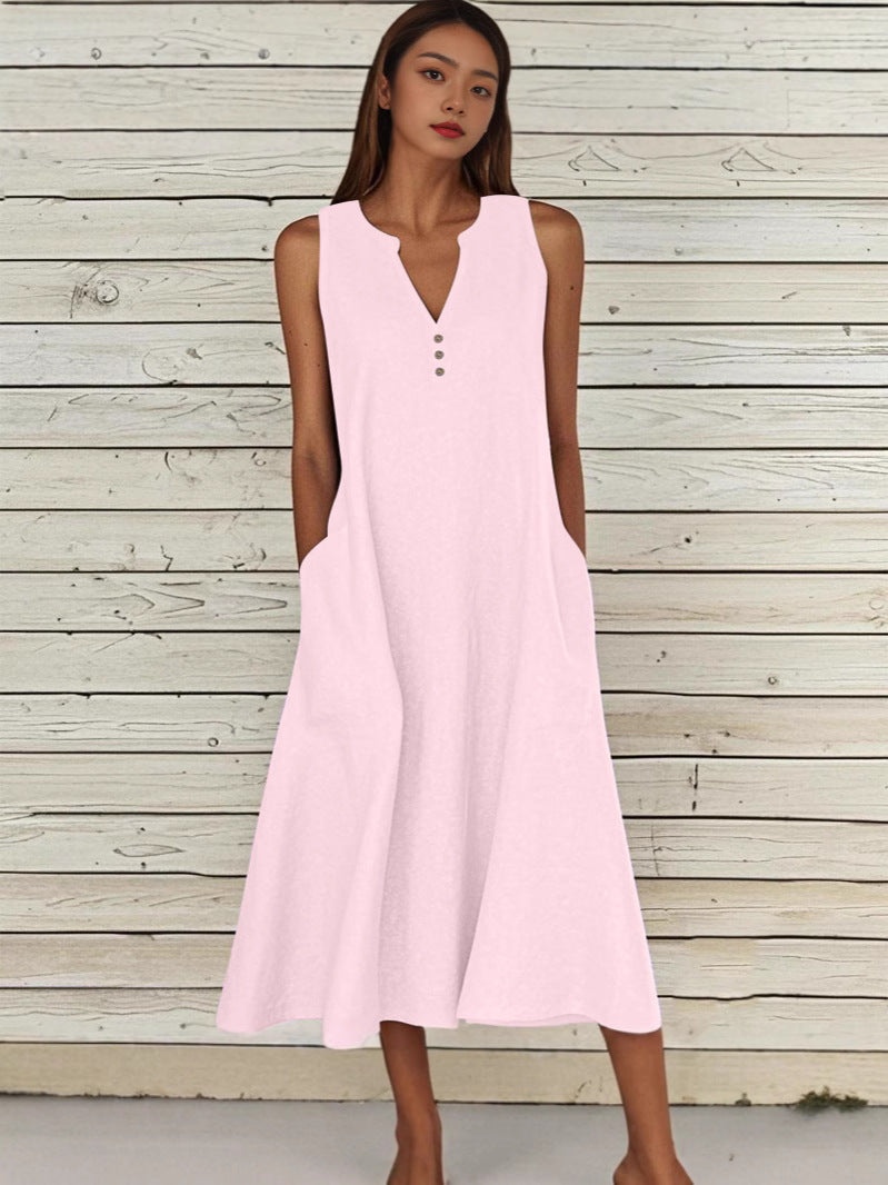 Women's Linen Ethnic Greek Sleeve Maxi Sleeveless Dress