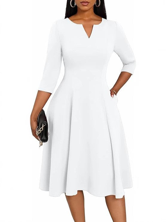 Mid-length Flared Three-quarter Sleeve Guest Work Dress