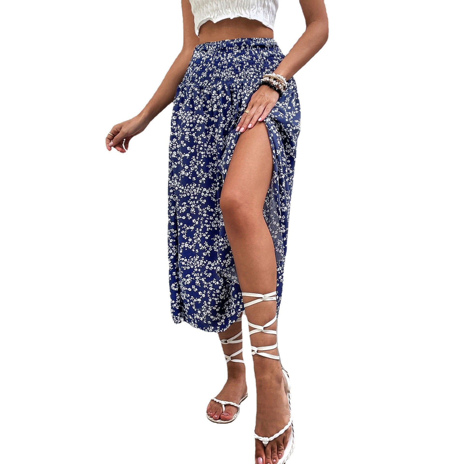 Women's Floral Summer Mid-length Holiday Print Split Skirt