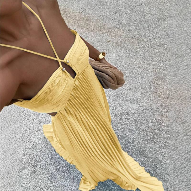 Summer Pure Color Pleated Sleeveless Suspender Dress