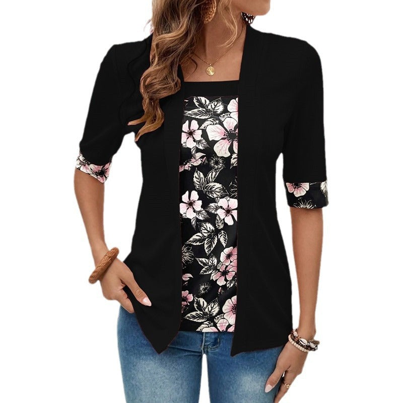 Women's Summer Fake Two-piece Sleeve Printed T-shirt Blouse
