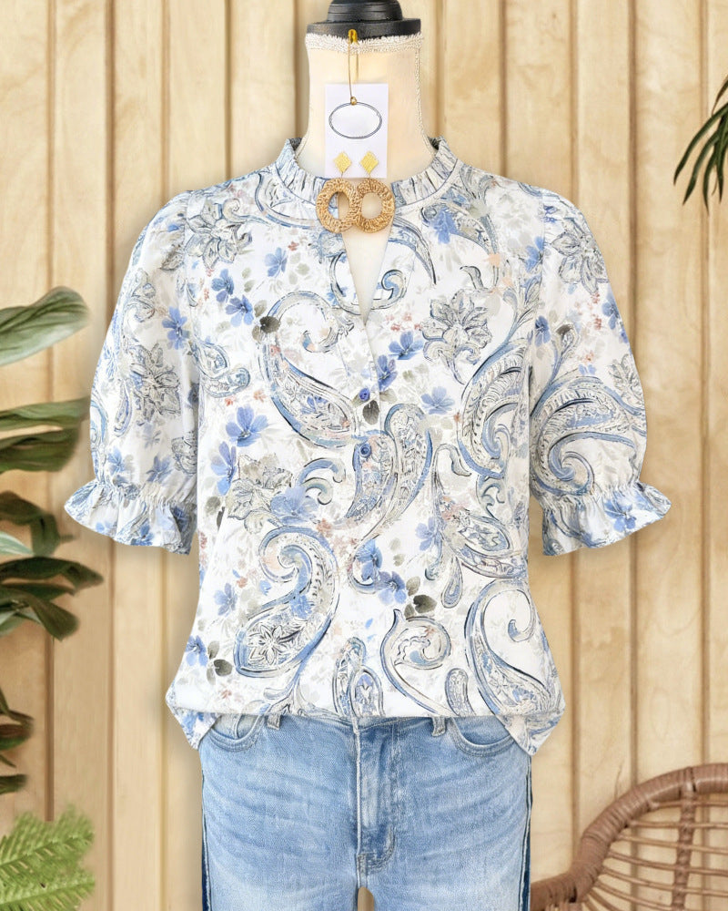 Women's French Style Temperament Wooden Ear Collar Slimming Solid Color Puff Blouse