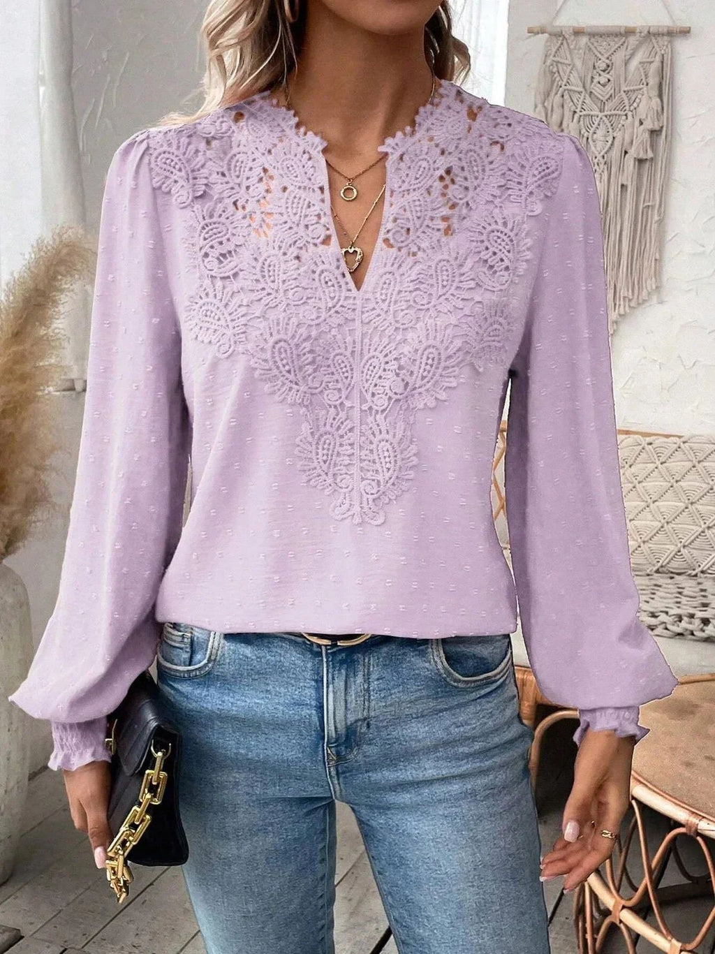 Women's Fashion Lace Solid Color Long Sleeve Women's T-shirt