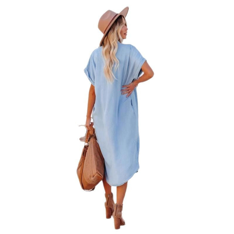 Fashion Solid Color Denim Sleeve Mid-length Shorts