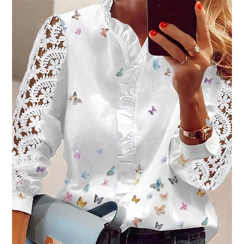 Women's Elegant Faille Long Sleeve Ruffled Collar Regular Shirt Stitching Blouse