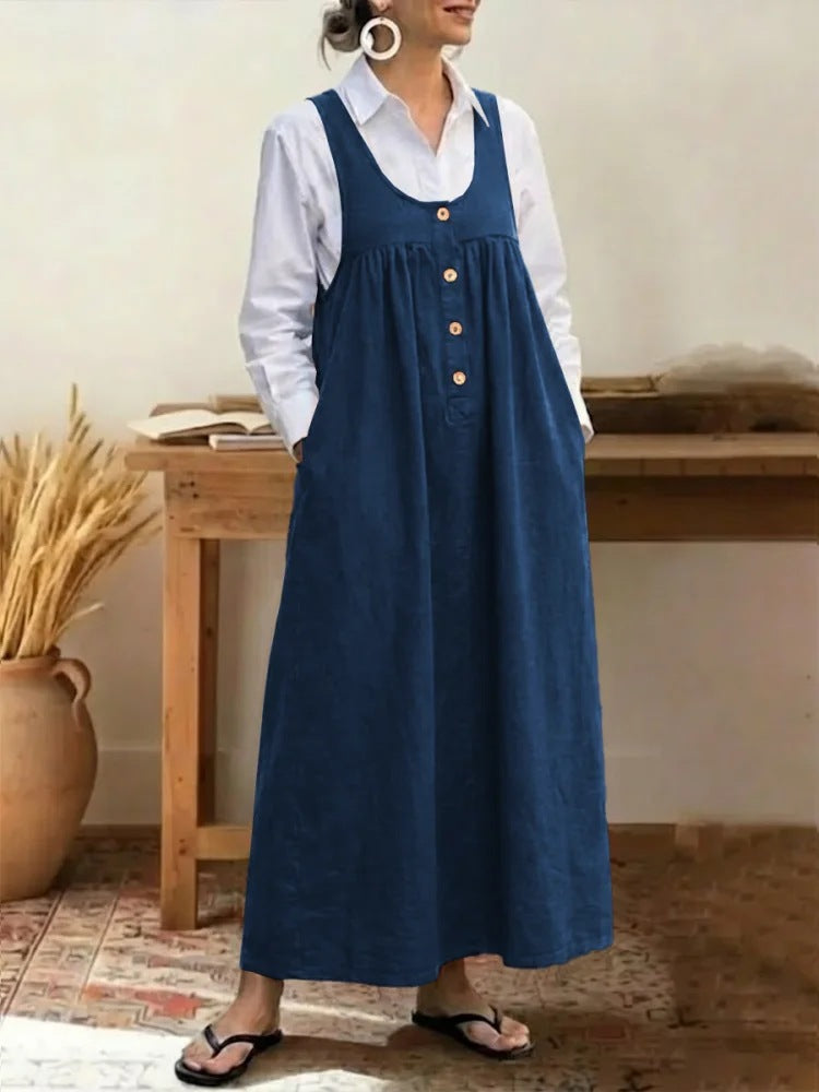 Solid Color Buttons Suspender Sleeveless Loose Dress
