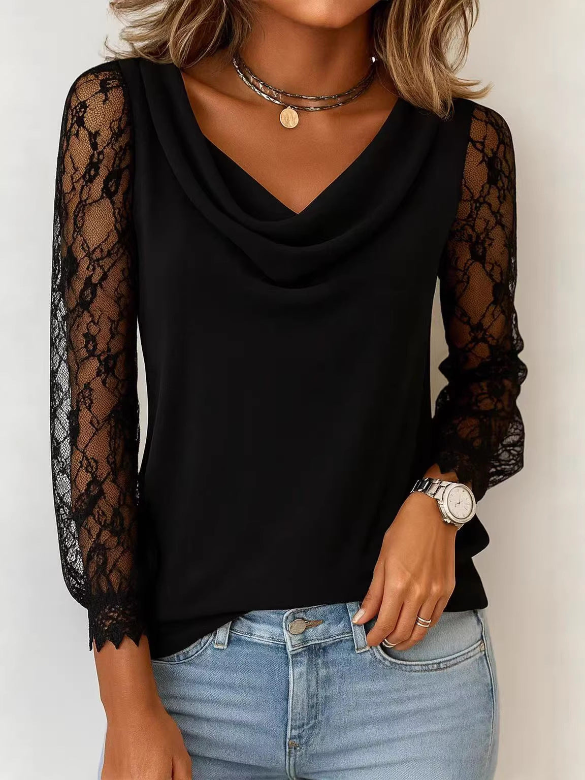 Women's Lace Stitching Sleeve Swing Collar Women's T-shirt
