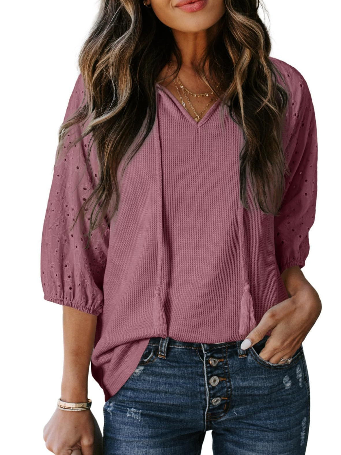 Women's Summer Jacquard Lantern Sleeve Color Matching Tops