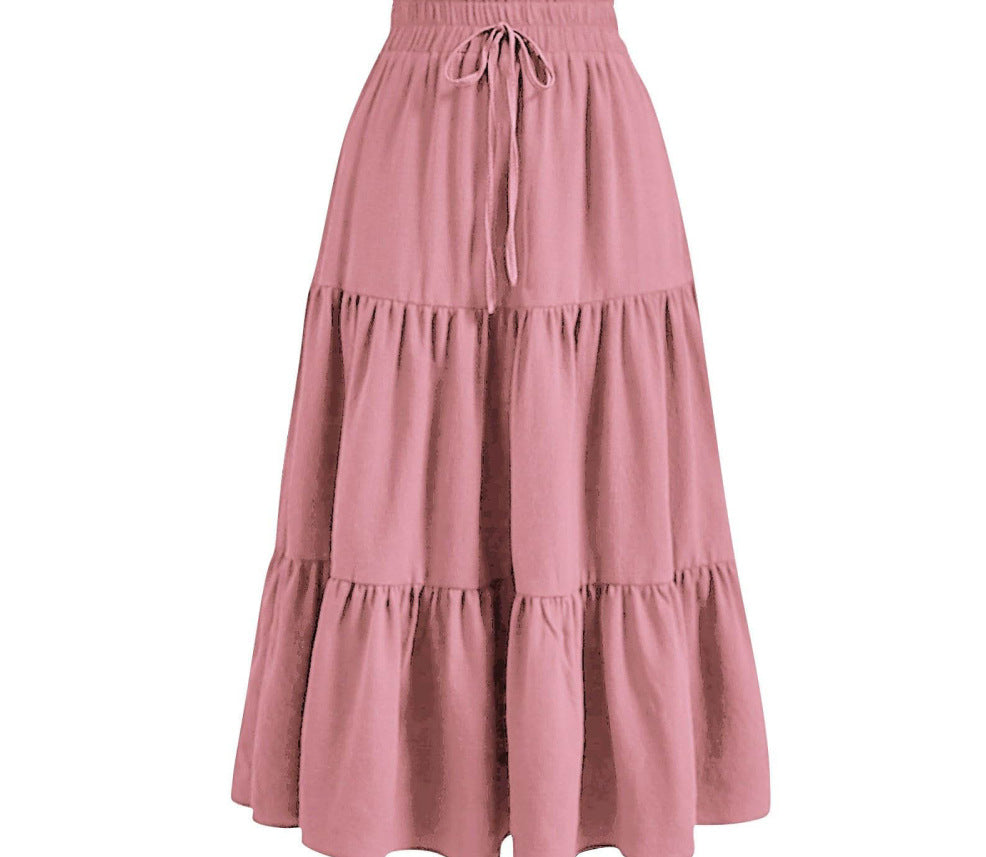 Solid Color Stitching Ruffle Elastic Pocket Skirts