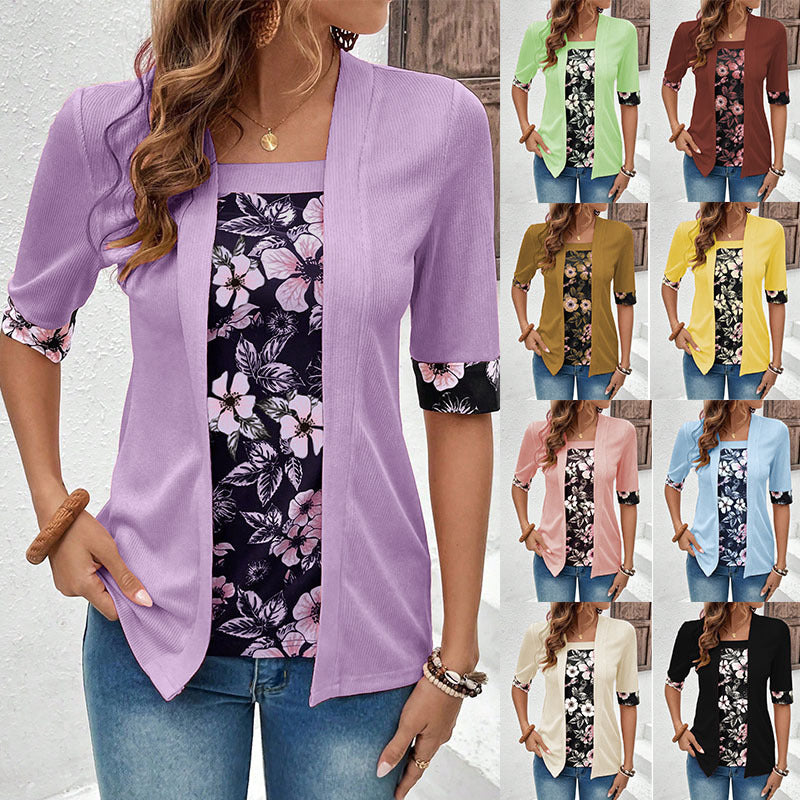 Women's Summer Fake Two-piece Sleeve Printed T-shirt Blouse